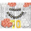 Flyloons 70th Birthday Decoration items for Girls with Rose Gold and White Balloons, Black Happy Birthday Banner, Silver Foil Curtain, Foil Balloon number 70