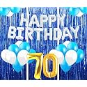 Flyloons 70th Birthday Decoration items for Girls with Blue and White Balloons, Silver Happy Birthday Banner, Blue Foil curtains, Foil Balloon number 70