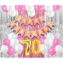 Flyloons 70th Birthday Decoration items for Girls with Pink and White Balloons, Pink Happy Birthday Banner, Pink and Silver Foil Curtain, Foil Balloon number 70