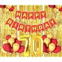 Flyloons 70th Birthday Decoration items for Girls Boys Husband Wife Valentine with Gold and Red Balloons, Red Happy Birthday Banner, Golden Foil curtains, Foil Balloon number 70
