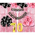 Flyloons 70th Birthday Decoration items for Girls with Black and Pink Balloons, Black Happy Birthday Banner, Pink Foil Curtain, Foil Balloon number 70