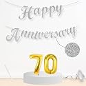 Flyloons 70th Happy Anniversary Banner Silver Decorations Kit for Men Women Wedding Anniversary Banner Items without Balloons