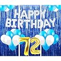 Flyloons 72nd Birthday Decoration items for Girls with Blue and White Balloons, Silver Happy Birthday Banner, Blue Foil curtains, Foil Balloon number 72
