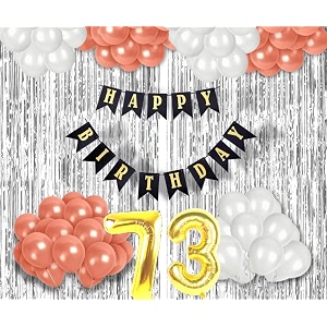 flyloons 73rd birthday decoration items for girls with rose gold and white balloons black happy birthday banner silver foil curtain foil balloon number 73