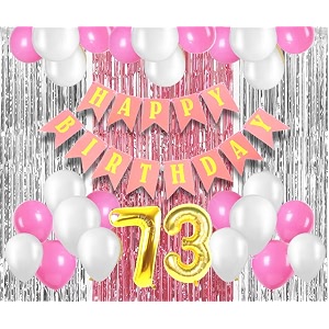 flyloons 73rd birthday decoration items for girls with pink and white balloons pink happy birthday banner pink and silver foil curtain foil balloon number 73