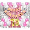 Flyloons 73rd Birthday Decoration items for Girls with Pink and White Balloons, Pink Happy Birthday Banner, Pink and Silver Foil Curtain, Foil Balloon number 73