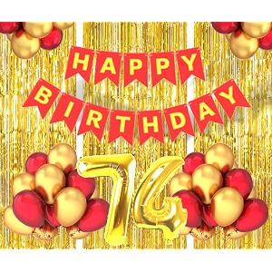 flyloons 74th birthday decoration items for girls boys husband wife valentine with gold and red balloons red happy birthday banner golden foil curtains foil balloon number 74