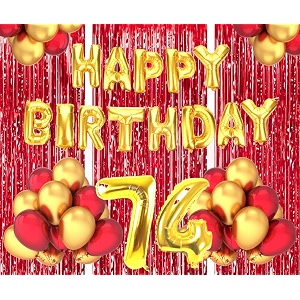 flyloons 74th birthday decoration items for girls boys husband wife valentine with gold and red balloons golden happy birthday banner red foil curtains foil balloon number 74