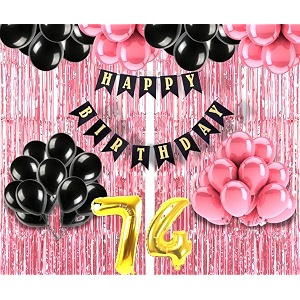 flyloons 74th birthday decoration items for girls with black and pink balloons black happy birthday banner pink foil curtain foil balloon number 74