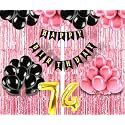 Flyloons 74th Birthday Decoration items for Girls with Black and Pink Balloons, Black Happy Birthday Banner, Pink Foil Curtain, Foil Balloon number 74