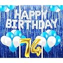 Flyloons 74th Birthday Decoration items for Girls with Blue and White Balloons, Silver Happy Birthday Banner, Blue Foil curtains, Foil Balloon number 74