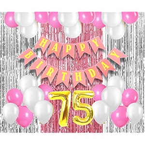 flyloons 75th birthday decoration items for girls with pink and white balloons pink happy birthday banner pink and silver foil curtain foil balloon number 75