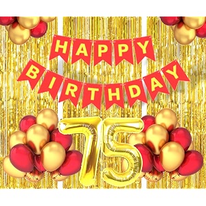 flyloons 75th birthday decoration items for girls boys husband wife valentine with gold and red balloons red happy birthday banner golden foil curtains foil balloon number 75
