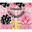 Flyloons 75th Birthday Decoration items for Girls with Black and Pink Balloons, Black Happy Birthday Banner, Pink Foil Curtain, Foil Balloon number 75