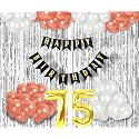 Flyloons 75th Birthday Decoration items for Girls with Rose Gold and White Balloons, Black Happy Birthday Banner, Silver Foil Curtain, Foil Balloon number 75