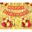 Flyloons 75th Birthday Decoration items for Girls Boys Husband Wife Valentine with Gold and Red Balloons, Red Happy Birthday Banner, Golden Foil curtains, Foil Balloon number 75