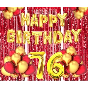flyloons 76th birthday decoration items for girls boys husband wife valentine with gold and red balloons golden happy birthday banner red foil curtains foil balloon number 76