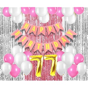 flyloons 77th birthday decoration items for girls with pink and white balloons pink happy birthday banner pink and silver foil curtain foil balloon number 77