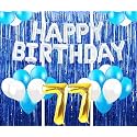 Flyloons 77th Birthday Decoration items for Girls with Blue and White Balloons, Silver Happy Birthday Banner, Blue Foil curtains, Foil Balloon number 77
