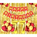 Flyloons 77th Birthday Decoration items for Girls Boys Husband Wife Valentine with Gold and Red Balloons, Red Happy Birthday Banner, Golden Foil curtains, Foil Balloon number 77