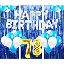 Flyloons 78th Birthday Decoration items for Girls with Blue and White Balloons, Silver Happy Birthday Banner, Blue Foil curtains, Foil Balloon number 78