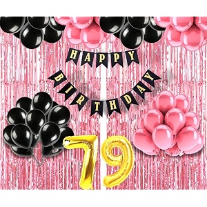 flyloons 79th birthday decoration items for girls with black and pink balloons black happy birthday banner pink foil curtain foil balloon number 79
