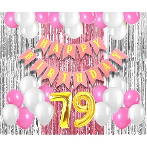 flyloons 79th birthday decoration items for girls with pink and white balloons pink happy birthday banner pink and silver foil curtain foil balloon number 79