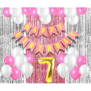 flyloons 7th birthday decoration items for girls with pink and white balloons pink happy birthday banner pink and silver foil curtain foil balloon number 7