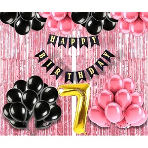 flyloons 7th birthday decoration items for girls with black and pink balloons black happy birthday banner pink foil curtain foil balloon number 7