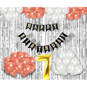 flyloons 7th birthday decoration items for girls with rose gold and white balloons black happy birthday banner silver foil curtain foil balloon number 7