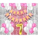 Flyloons 7th Birthday Decoration items for Girls with Pink and White Balloons, Pink Happy Birthday Banner, Pink and Silver Foil Curtain, Foil Balloon number 7