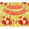 Flyloons 7th Birthday Decoration items for Girls Boys Husband Wife Valentine with Gold and Red Balloons, Red Happy Birthday Banner, Golden Foil curtains, Foil Balloon number 7