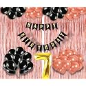 Flyloons 7th Birthday Decoration items for Girls with Black and Rose Gold Balloons, Black Happy Birthday Banner, Rose Gold Foil Curtain, Foil Balloon number 7
