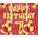Flyloons 7th Birthday Decoration items for Girls Boys Husband Wife Valentine with Gold and Red Balloons, Golden Happy Birthday Banner, Red Foil curtains, Foil Balloon number 7
