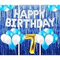 Flyloons 7th Birthday Decoration items for Girls with Blue and White Balloons, Silver Happy Birthday Banner, Blue Foil curtains, Foil Balloon number 7