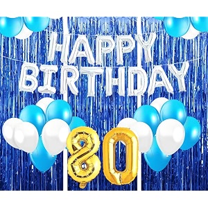flyloons 80th birthday decoration items for girls with blue and white balloons silver happy birthday banner blue foil curtains foil balloon number 80