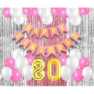 flyloons 80th birthday decoration items for girls with pink and white balloons pink happy birthday banner pink and silver foil curtain foil balloon number 80