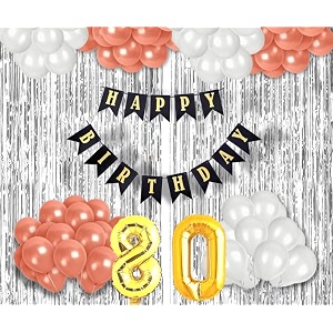 flyloons 80th birthday decoration items for girls with rose gold and white balloons black happy birthday banner silver foil curtain foil balloon number 80