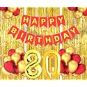 Flyloons 80th Birthday Decoration items for Girls Boys Husband Wife Valentine with Gold and Red Balloons, Red Happy Birthday Banner, Golden Foil curtains, Foil Balloon number 80