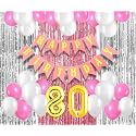 Flyloons 80th Birthday Decoration items for Girls with Pink and White Balloons, Pink Happy Birthday Banner, Pink and Silver Foil Curtain, Foil Balloon number 80