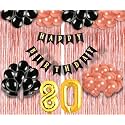 Flyloons 80th Birthday Decoration items for Girls with Black and Rose Gold Balloons, Black Happy Birthday Banner, Rose Gold Foil Curtain, Foil Balloon number 80