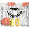 Flyloons 80th Birthday Decoration items for Girls with Rose Gold and White Balloons, Black Happy Birthday Banner, Silver Foil Curtain, Foil Balloon number 80