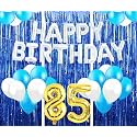 Flyloons 85th Birthday Decoration items for Girls with Blue and White Balloons, Silver Happy Birthday Banner, Blue Foil curtains, Foil Balloon number 85