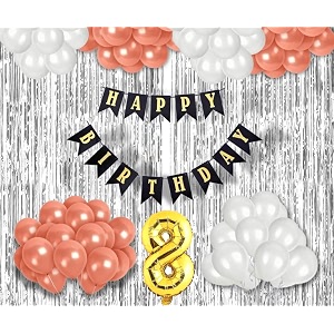 flyloons 8th birthday decoration items for girls with rose gold and white balloons black happy birthday banner silver foil curtain foil balloon number 8