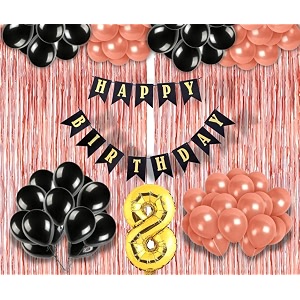 flyloons 8th birthday decoration items for girls with black and rose gold balloons black happy birthday banner rose gold foil curtain foil balloon number 8