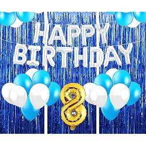 flyloons 8th birthday decoration items for girls with blue and white balloons silver happy birthday banner blue foil curtains foil balloon number 8