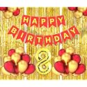 Flyloons 8th Birthday Decoration items for Girls Boys Husband Wife Valentine with Gold and Red Balloons, Red Happy Birthday Banner, Golden Foil curtains, Foil Balloon number 8