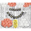 Flyloons 8th Birthday Decoration items for Girls with Rose Gold and White Balloons, Black Happy Birthday Banner, Silver Foil Curtain, Foil Balloon number 8