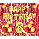 Flyloons 8th Birthday Decoration items for Girls Boys Husband Wife Valentine with Gold and Red Balloons, Golden Happy Birthday Banner, Red Foil curtains, Foil Balloon number 8