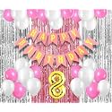 Flyloons 8th Birthday Decoration items for Girls with Pink and White Balloons, Pink Happy Birthday Banner, Pink and Silver Foil Curtain, Foil Balloon number 8